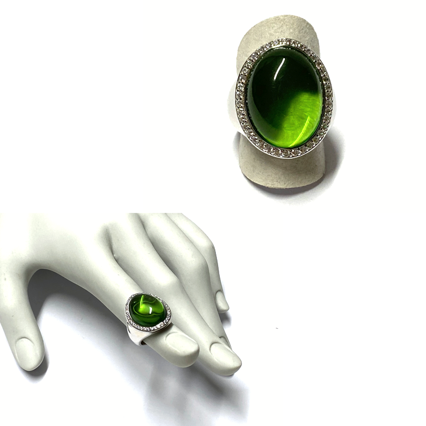 Silberring 925/- rhodiniert Bernstein grün (karibischer Bernstein) + Zirkonia #54