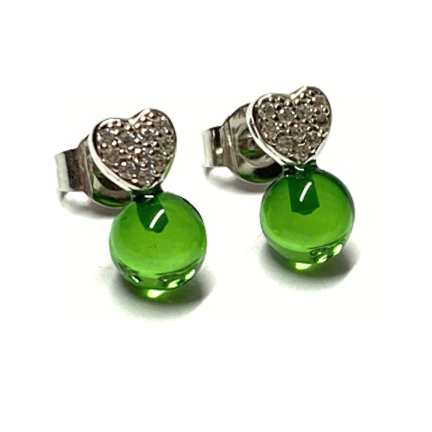 Ohrstecker 925 Silber rhodiniert Bernstein grün (karibischer Bernstein) Kugel 5,5mm Zirkonia Herz Ohrring