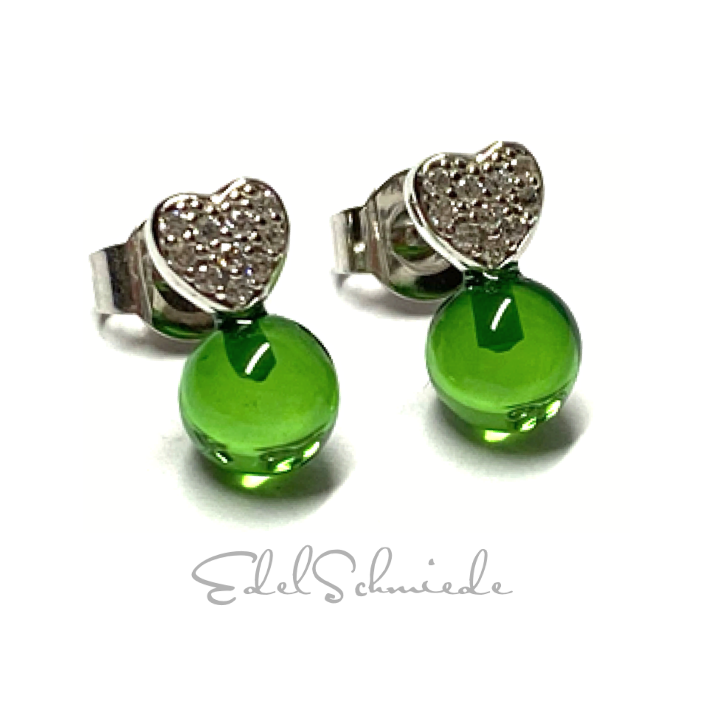 Ohrstecker 925 Silber rhodiniert Bernstein grün (karibischer Bernstein) Kugel 5,5mm Zirkonia Herz Ohrring