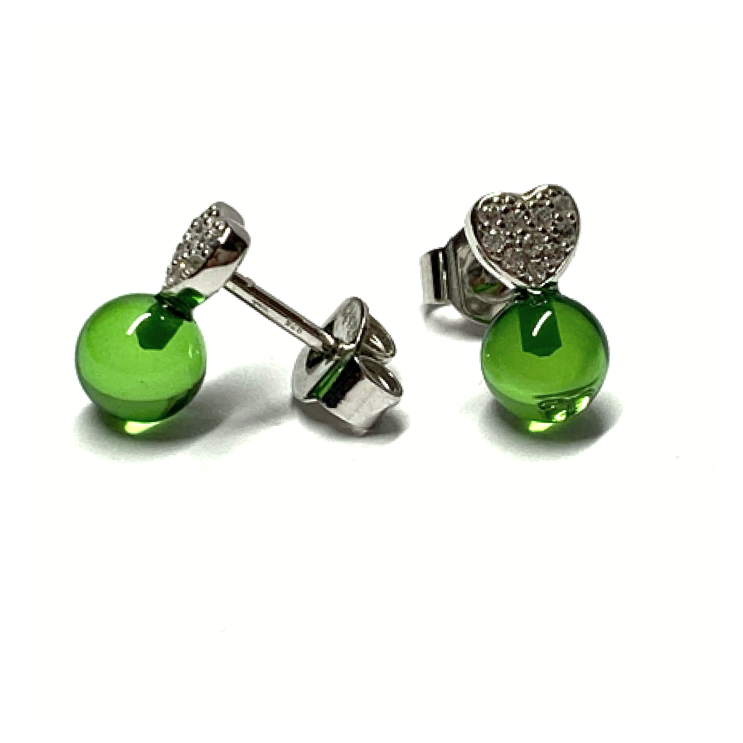 Ohrstecker 925 Silber rhodiniert Bernstein grün (karibischer Bernstein) Kugel 5,5mm Zirkonia Herz Ohrring