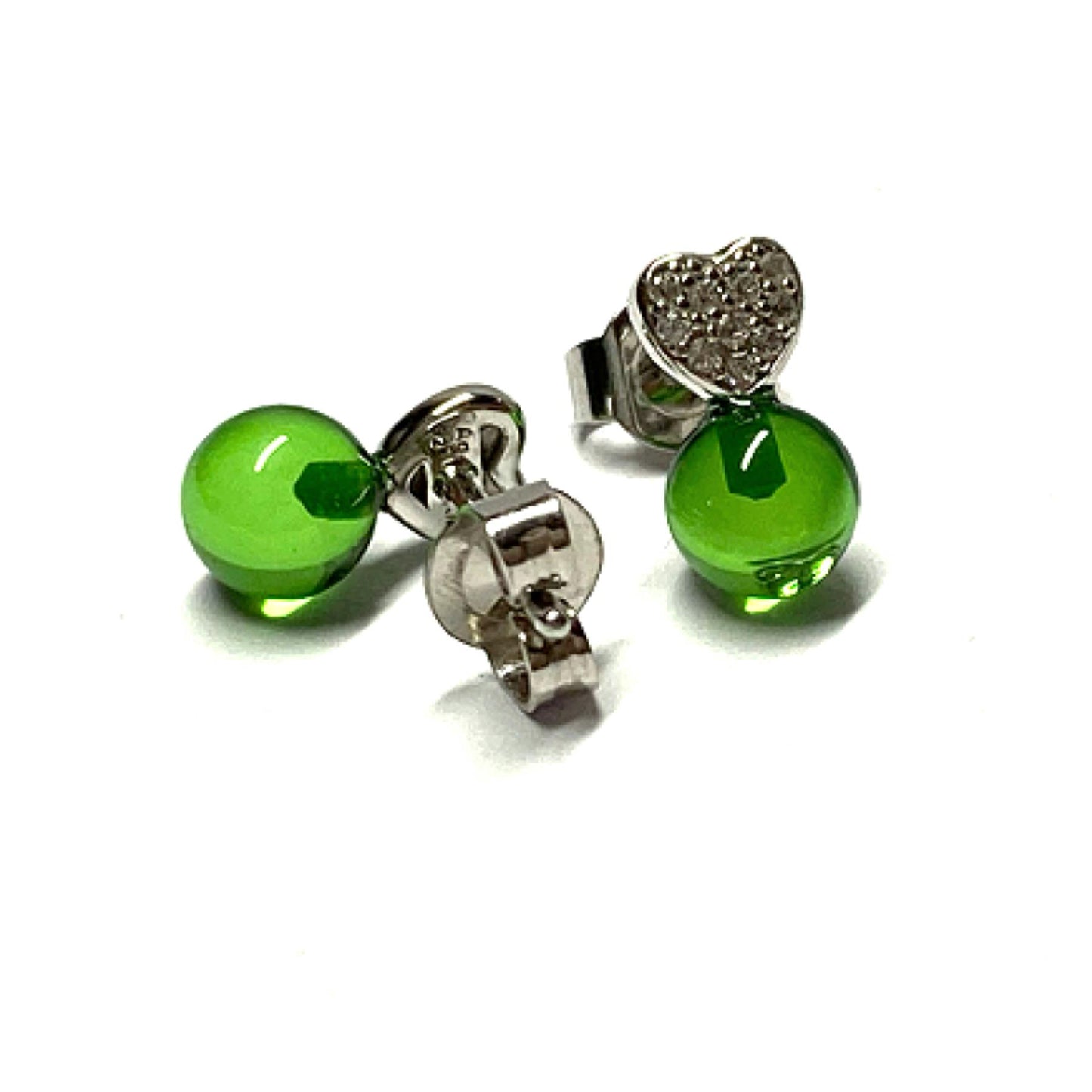 Ohrstecker 925 Silber rhodiniert Bernstein grün (karibischer Bernstein) Kugel 5,5mm Zirkonia Herz Ohrring