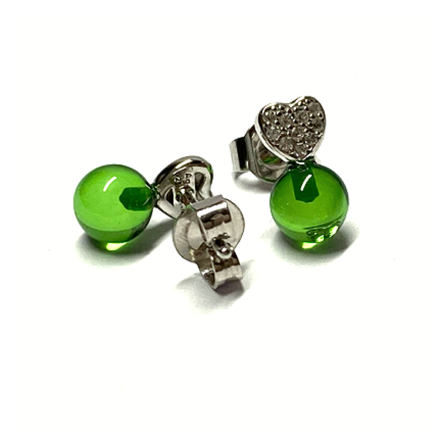 Ohrstecker 925 Silber rhodiniert Bernstein grün (karibischer Bernstein) Kugel 5,5mm Zirkonia Herz Ohrring