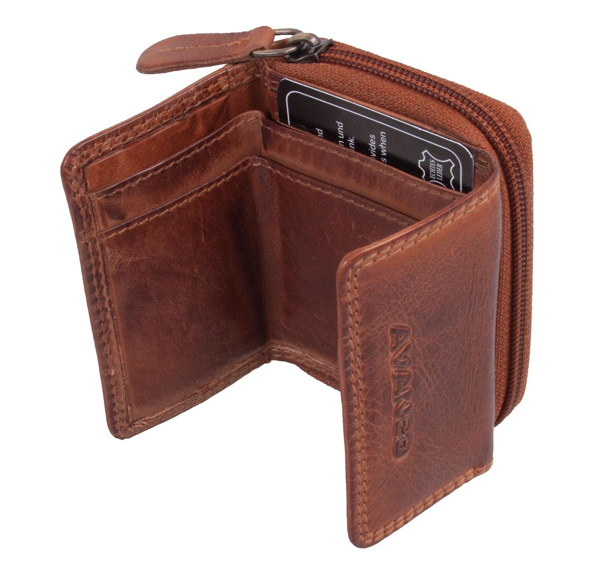 XS Reißverschlussbörse Leder Minibörse braun 9x6,5cm Kartenfach