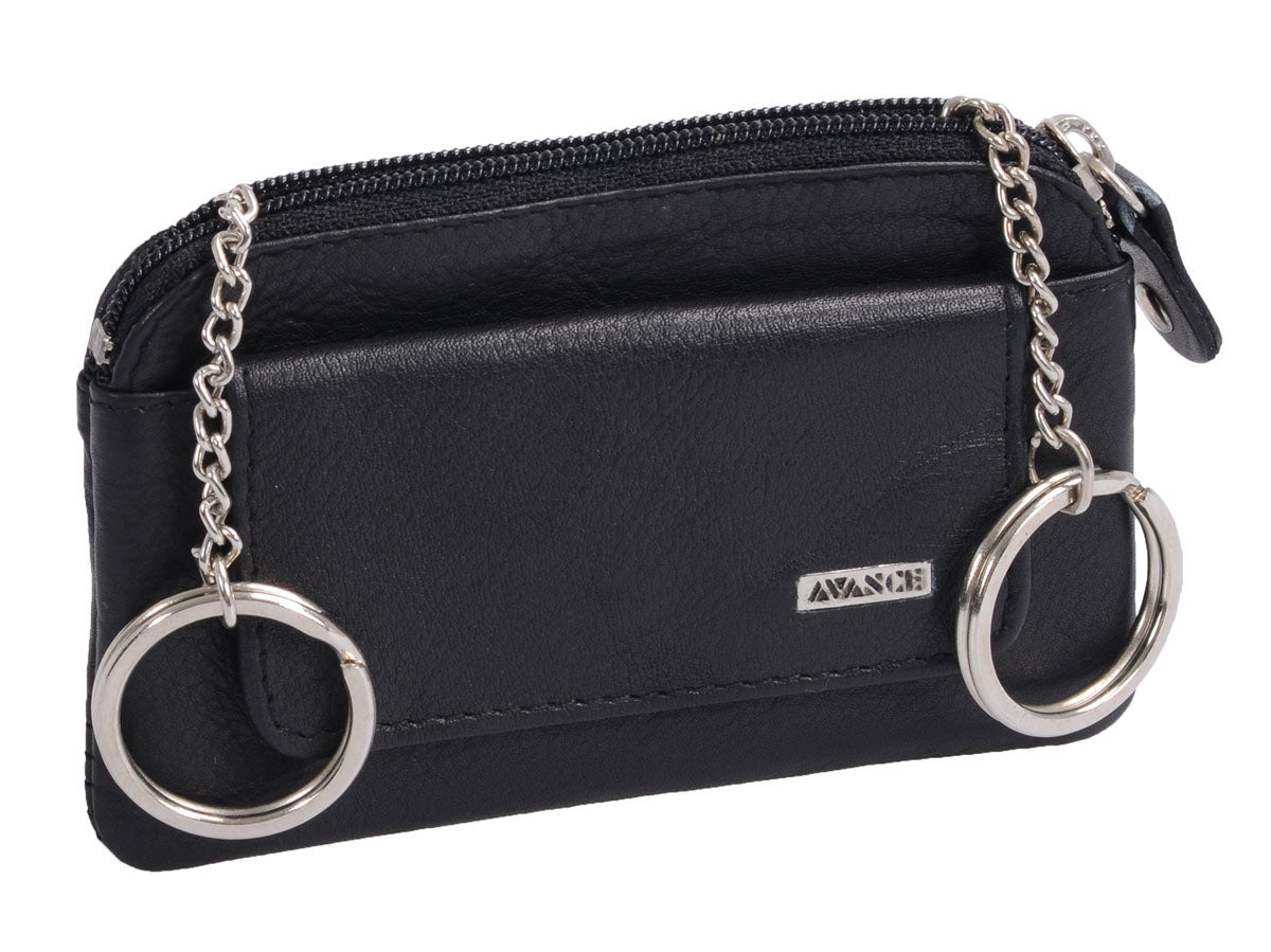 schwarze Lederschlüsseltasche mit 2 Schlüsselringen und Vortasche