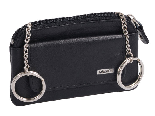 schwarze Lederschlüsseltasche mit 2 Schlüsselringen und Vortasche