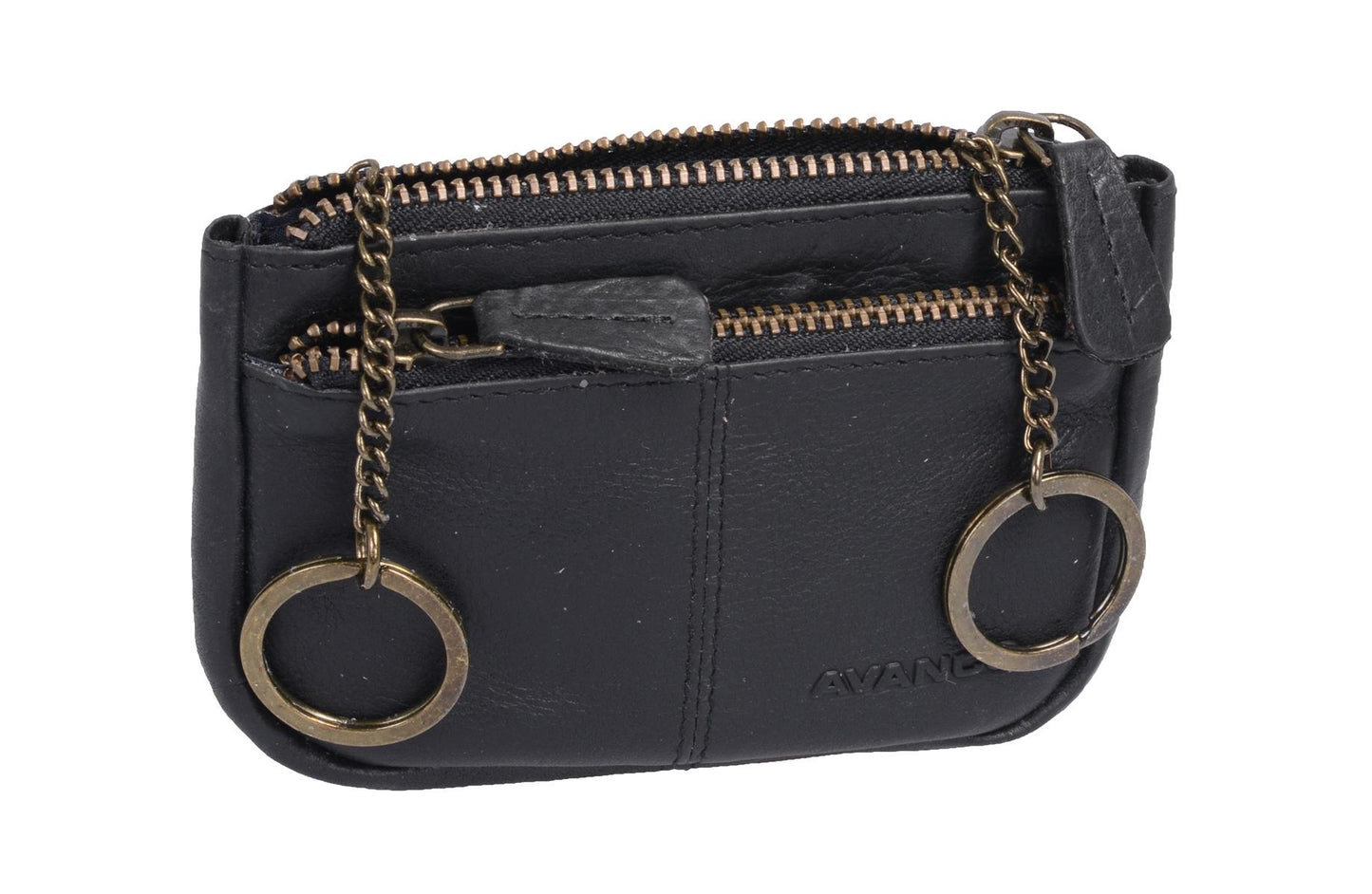 Schwarze Leder Schlüsseltasche – mit Metallreißverschluss und Schlüsselringen