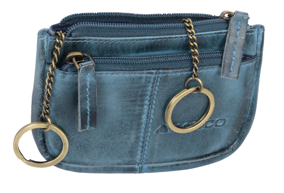 Leder Schlüsselmäppchen blau – AVANCO Schlüsseltasche mit Frontfach