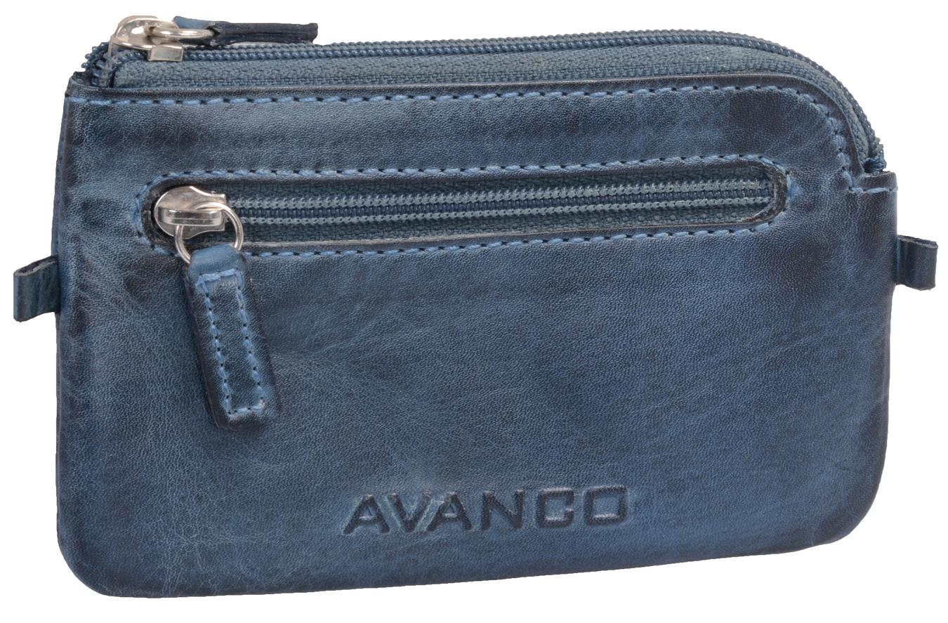 GlücksNugget Schlüsseltasche mit XXL-Öffnung und 2 Schlüsselringen aus Leder, blau + vergoldeter Glückscent