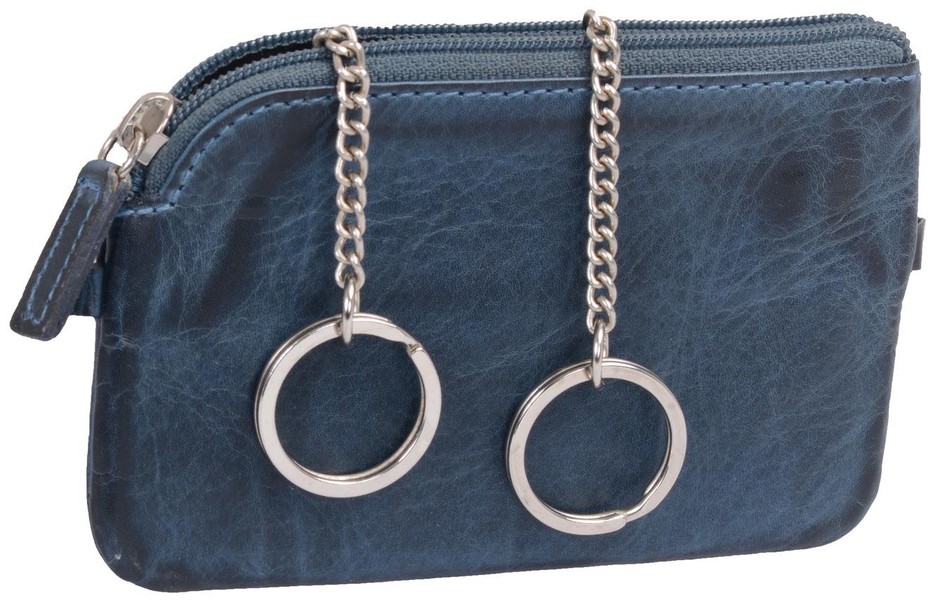 GlücksNugget Schlüsseltasche mit XXL-Öffnung und 2 Schlüsselringen aus Leder, blau + vergoldeter Glückscent