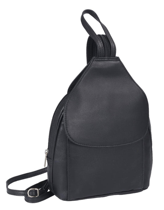 kleiner Lederrucksack mit Überschlag, schwarz, teilbarer Schulterriemen