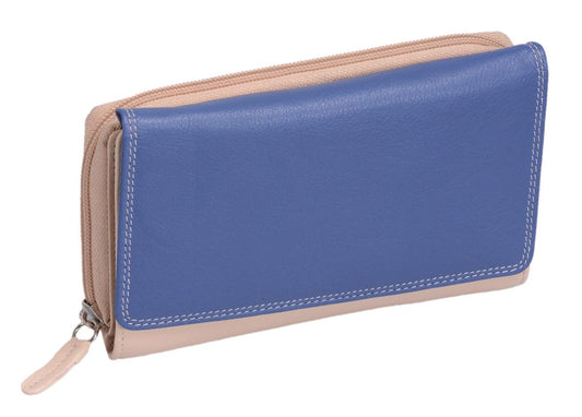 Lemondo Damenlangbörse, Leder, viele Kartenfächer, blau/beige/orange