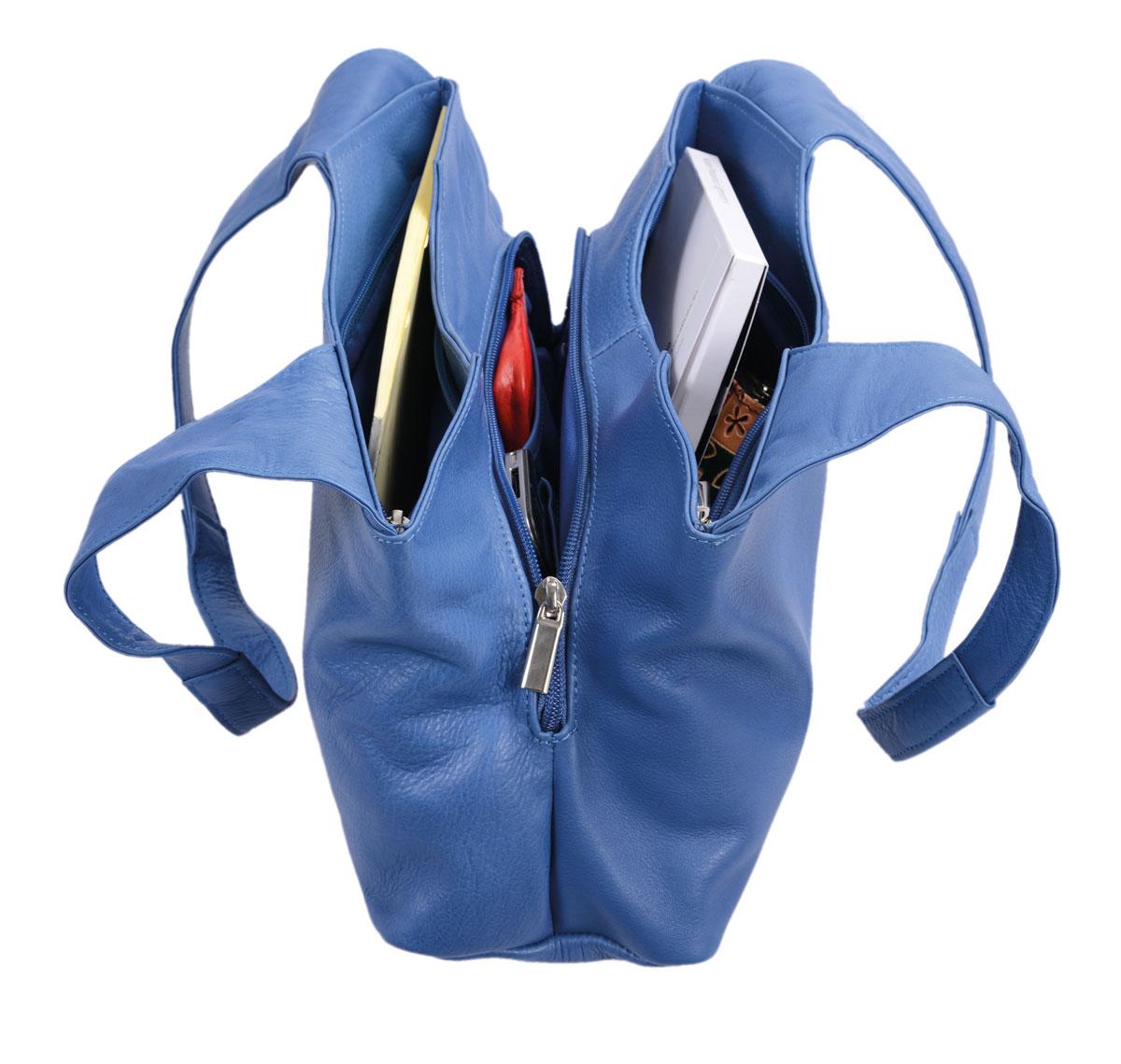 mittelblaue Leder-Handtasche LEMONDO, 3 Hauptfächer