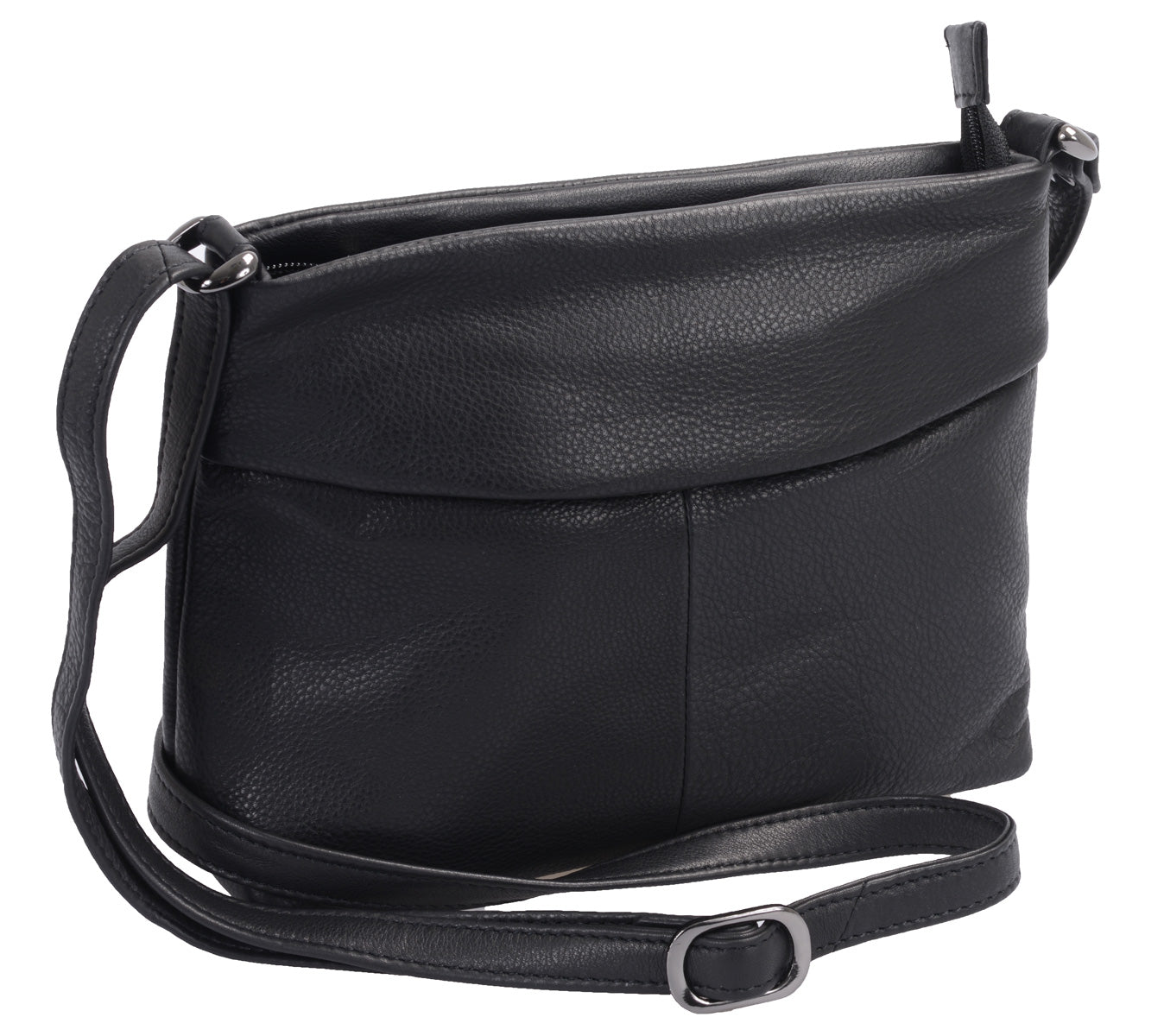 Schwarze Ledertasche mit Reißverschlussfach und Schultergurt
