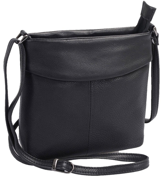 Flache Leder Schultertasche Damen schwarz mit Handyfach