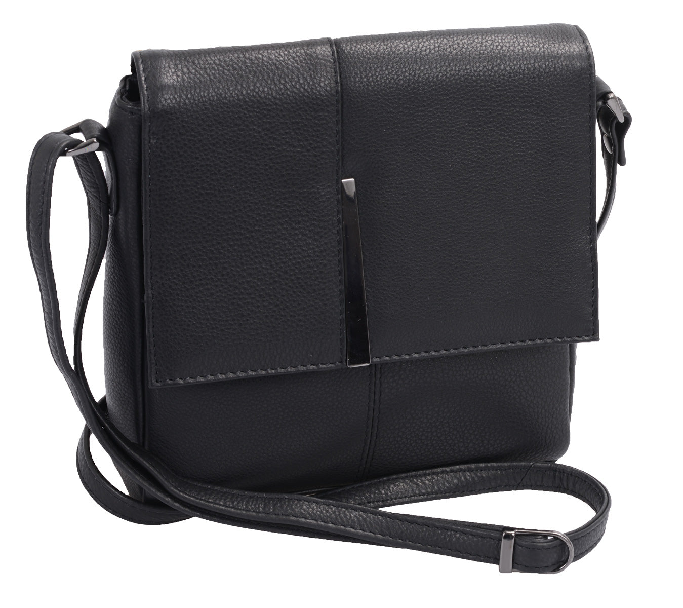 Kleine Leder Schultertasche schwarz mit Klappe und Metallapplikation