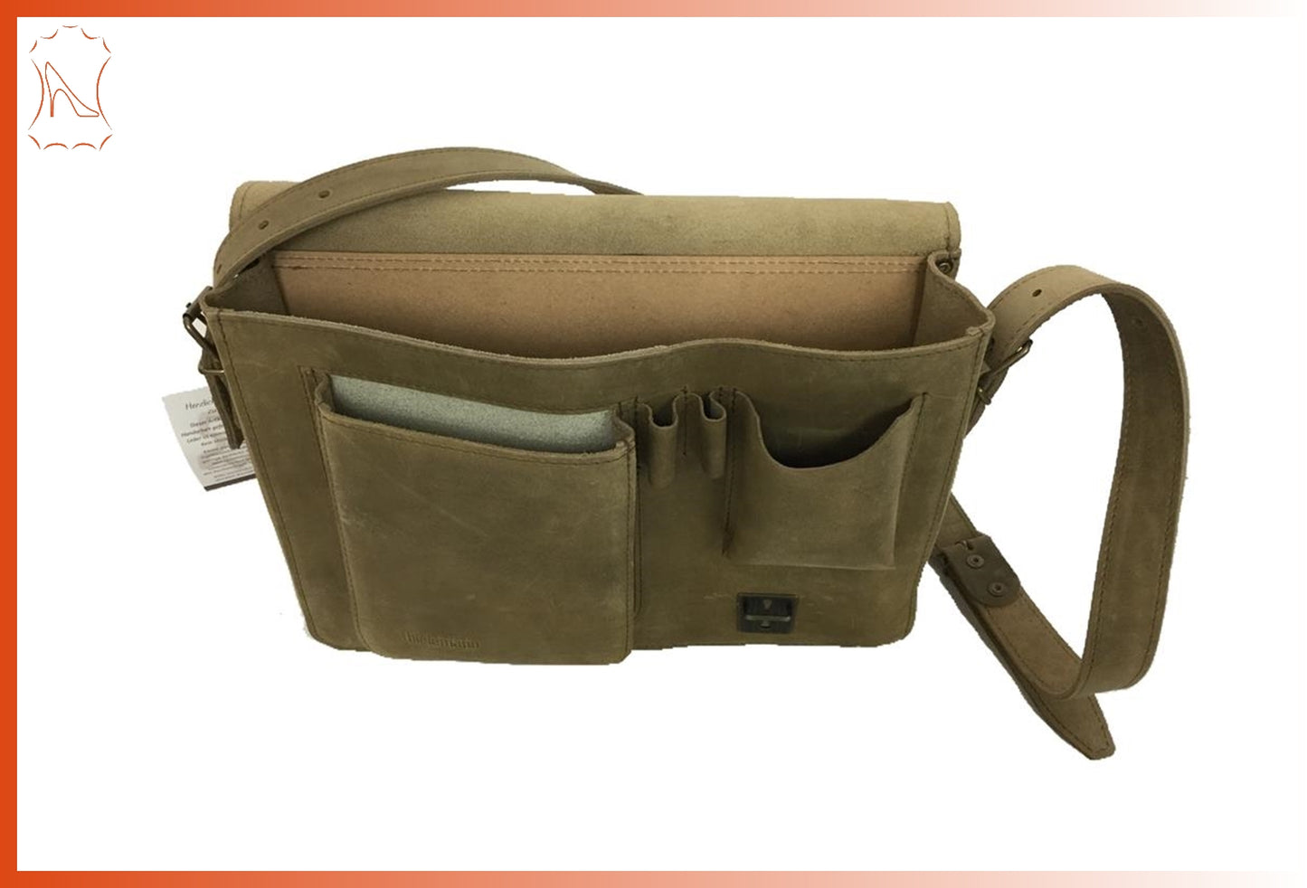 mittlerere Vollrindleder-Aktentasche mit schräger Klappe hellbraun new antik