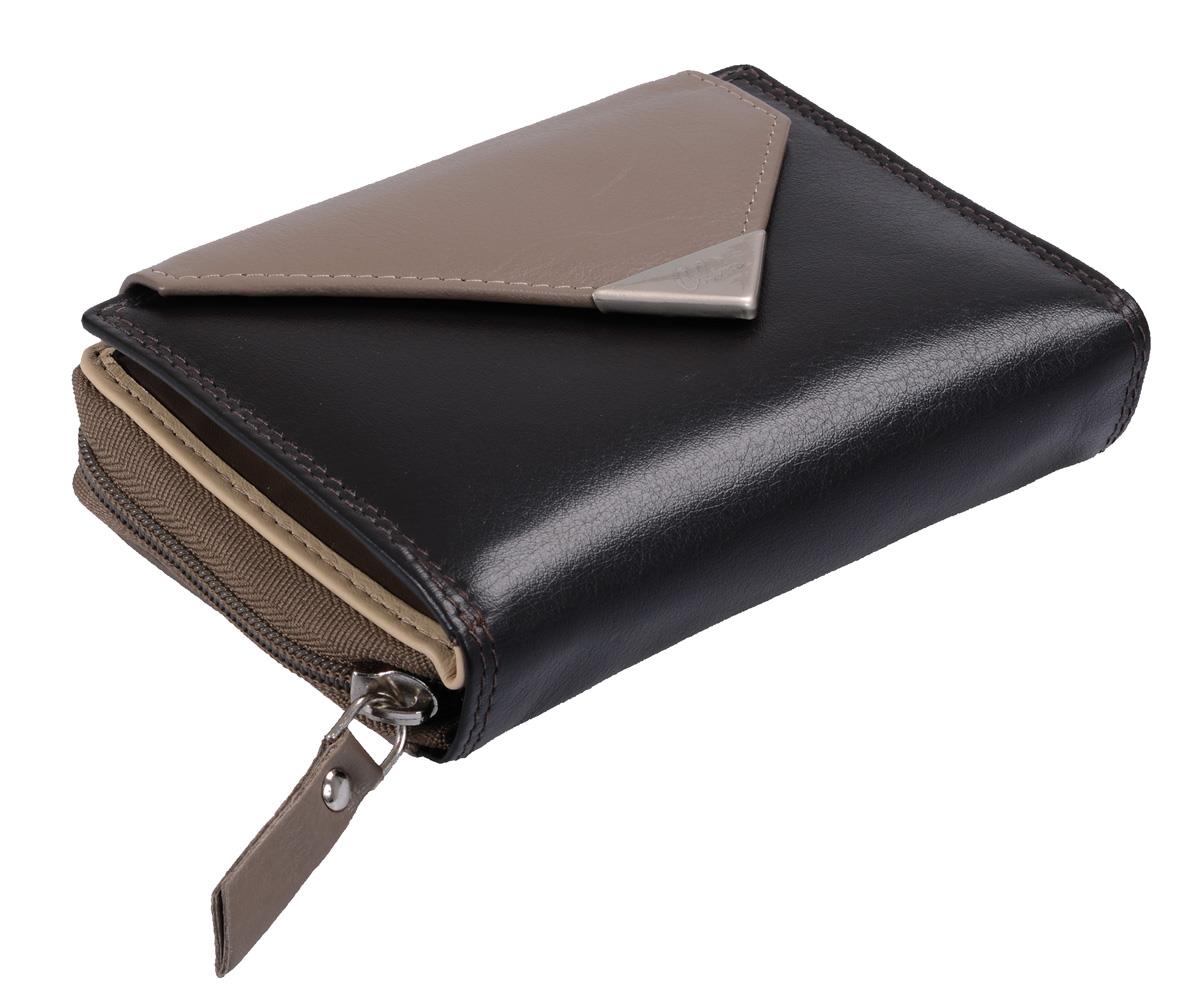 Leder Reißverschlussbörse schwarz-taupe – Damen Geldbörse mit schräger Klappe & RFID