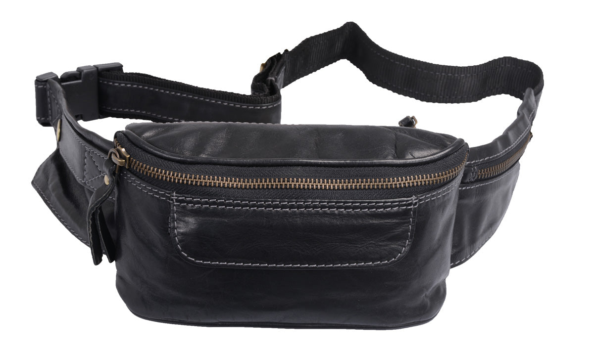 Gürteltasche Leder Lederbauchtasche mit Metallreißverschluss schwarz