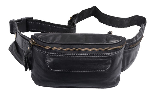 Gürteltasche Leder Lederbauchtasche mit Metallreißverschluss schwarz