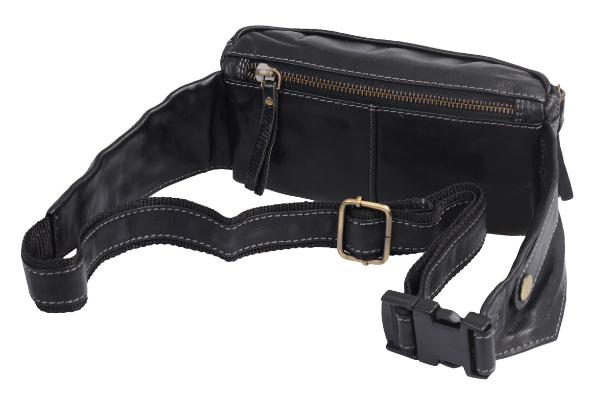 Gürteltasche Leder Lederbauchtasche mit Metallreißverschluss schwarz