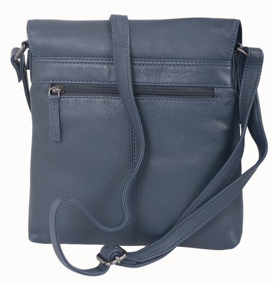 Flache Damen Schultertasche blau aus Leder mit Außenfächern