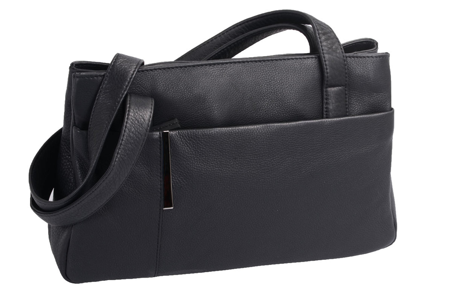 Flacher Leder Damenshopper schwarz mit Handyfach und Außentaschen