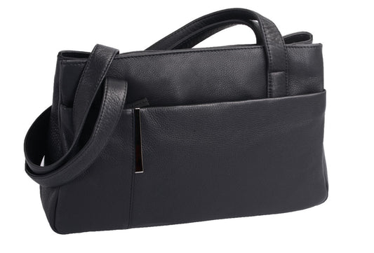 Flacher Leder Damenshopper schwarz mit Handyfach und Außentaschen