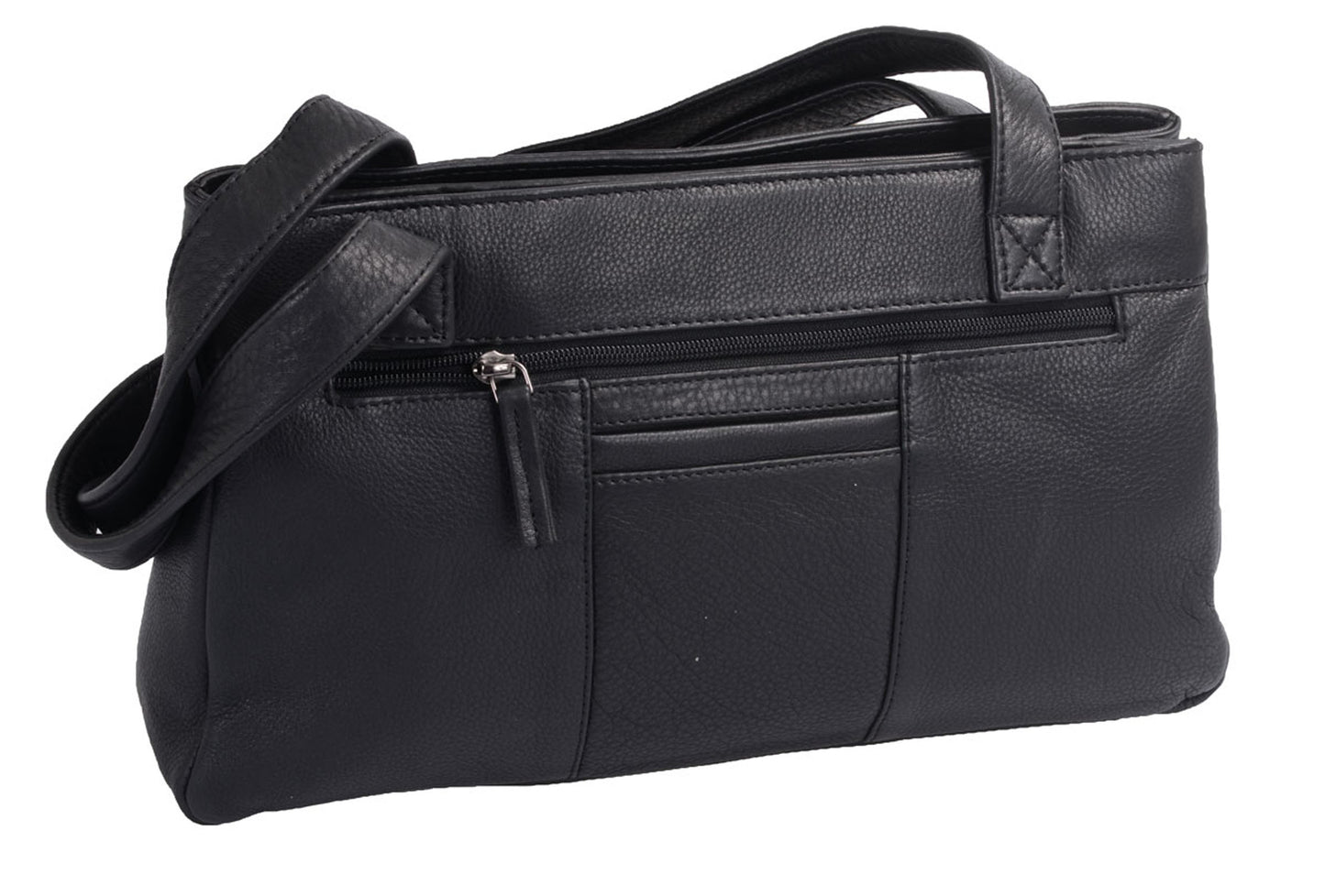 Flacher Leder Damenshopper schwarz mit Handyfach und Außentaschen