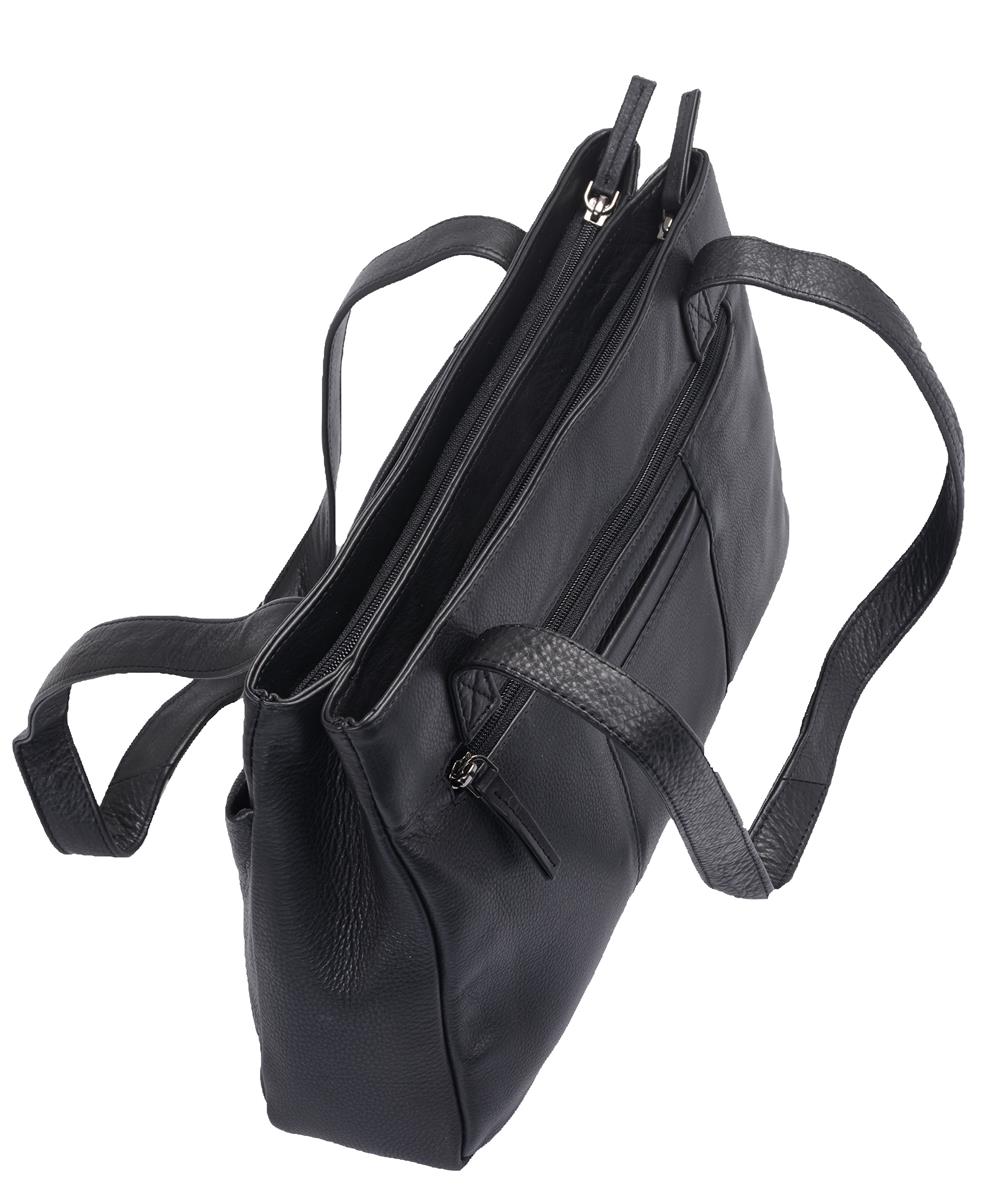 Flacher Leder Damenshopper schwarz mit Handyfach und Außentaschen