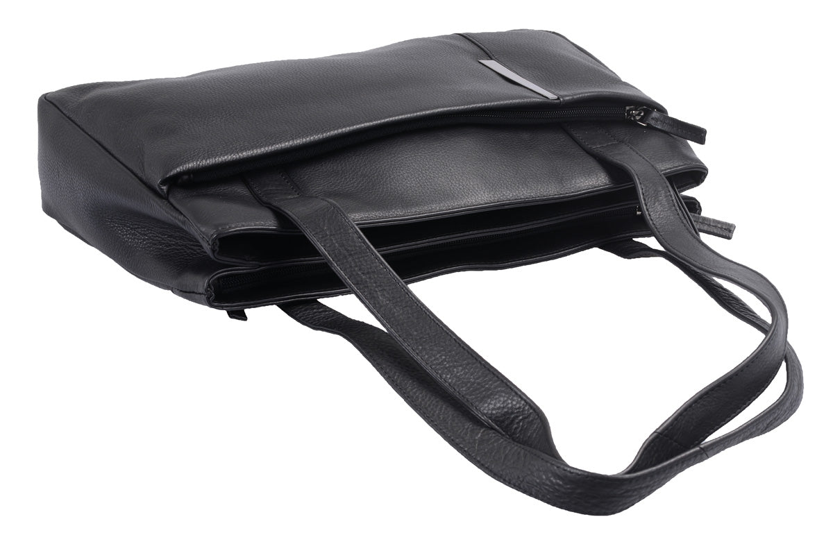 Flacher Leder Damenshopper schwarz mit Handyfach und Außentaschen