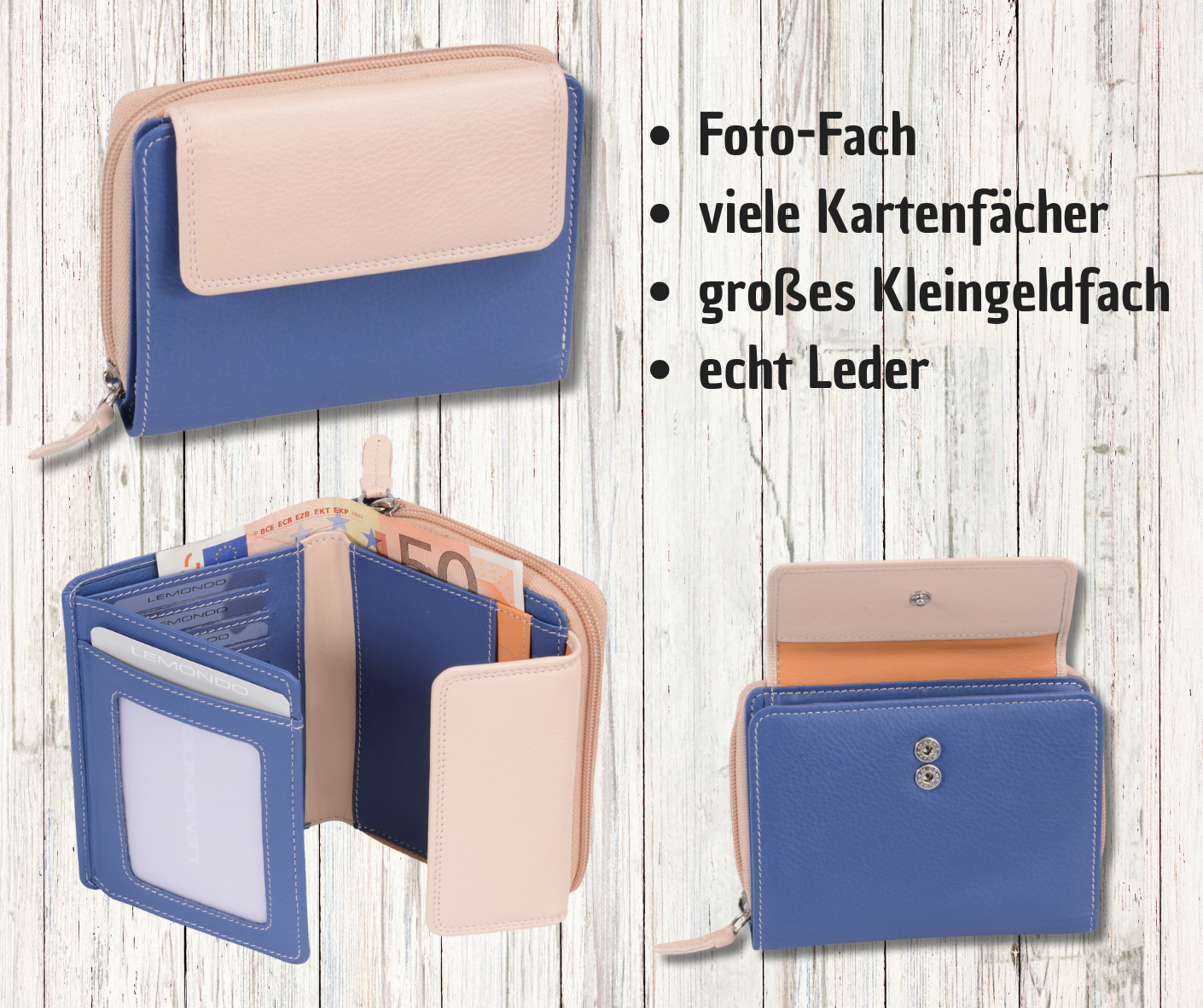 blau-beige Damenreißverschlussbörse, Leder