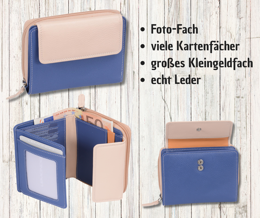 blau-beige Damenreißverschlussbörse, Leder
