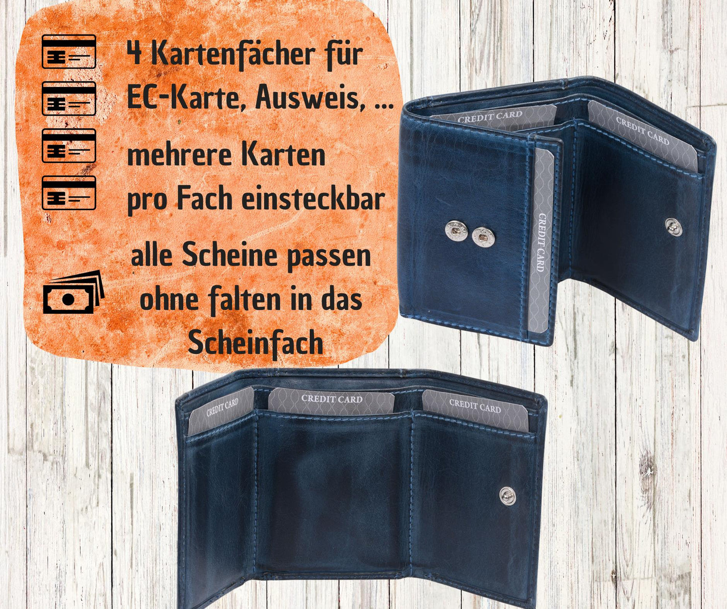 Minibörse Scheingröße, geflammtes Leder, blaue Hosentaschenbörse