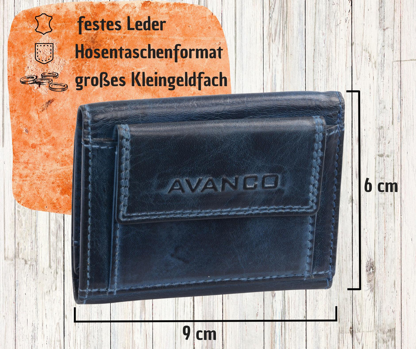 Minibörse Scheingröße, geflammtes Leder, blaue Hosentaschenbörse