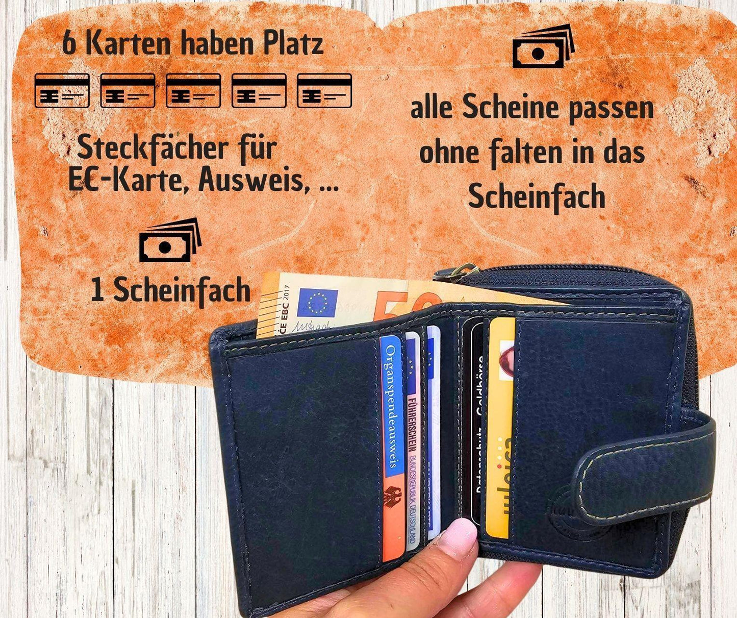 Damenbörse Echtleder blau klein – Leder Geldbörse mit Reißverschluss, Kartenfächer & Münzfach