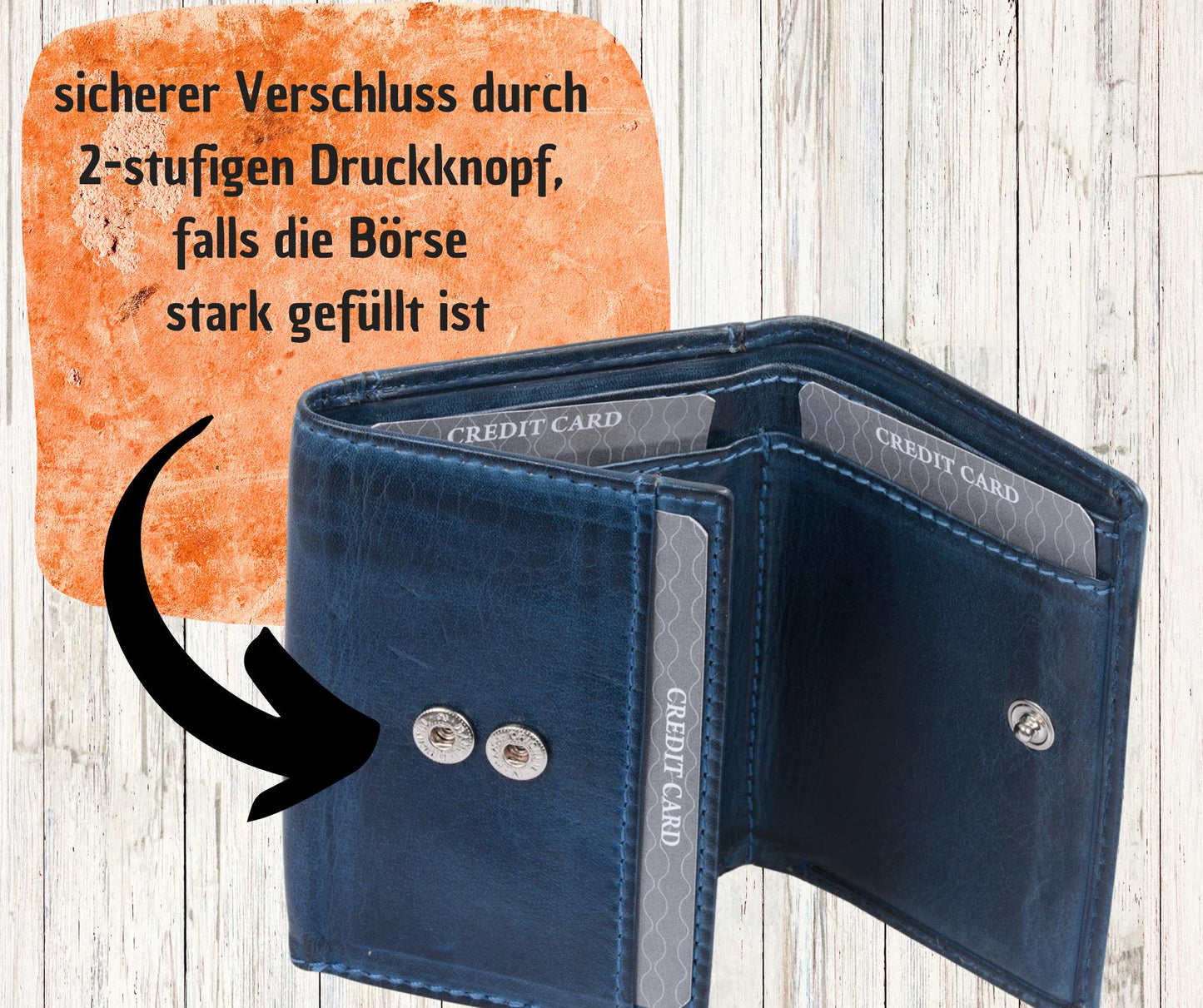 Minibörse Scheingröße, geflammtes Leder, blaue Hosentaschenbörse