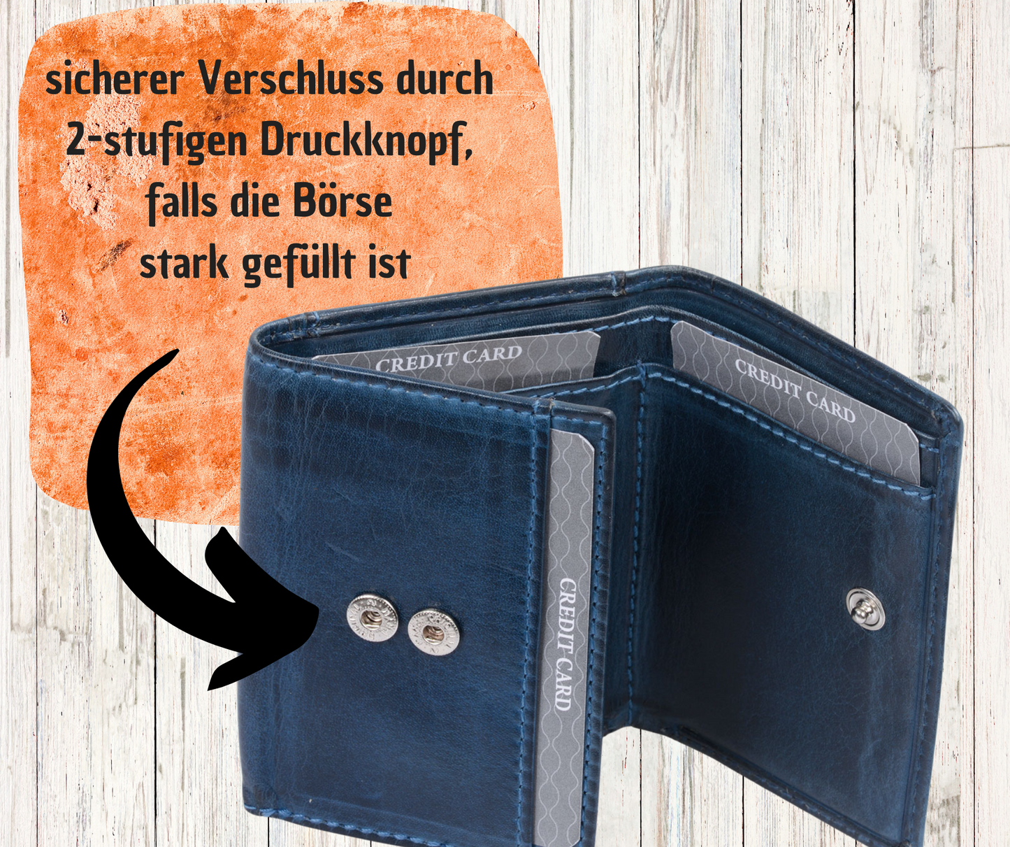 Minibörse Scheingröße, geflammtes Leder, blaue Hosentaschenbörse