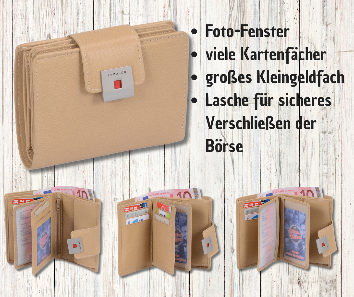 beige Lederbrieftasche für Damen, Damenbörse