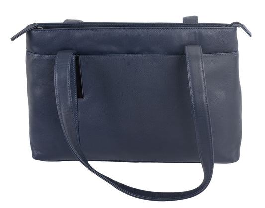 Damen Ledertasche Shopper dunkelblau mit Reißverschlussfächern