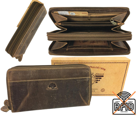 Damen Geldbörse Vintage Leder Doppel-Reißverschluss RFID-Schutz braun
