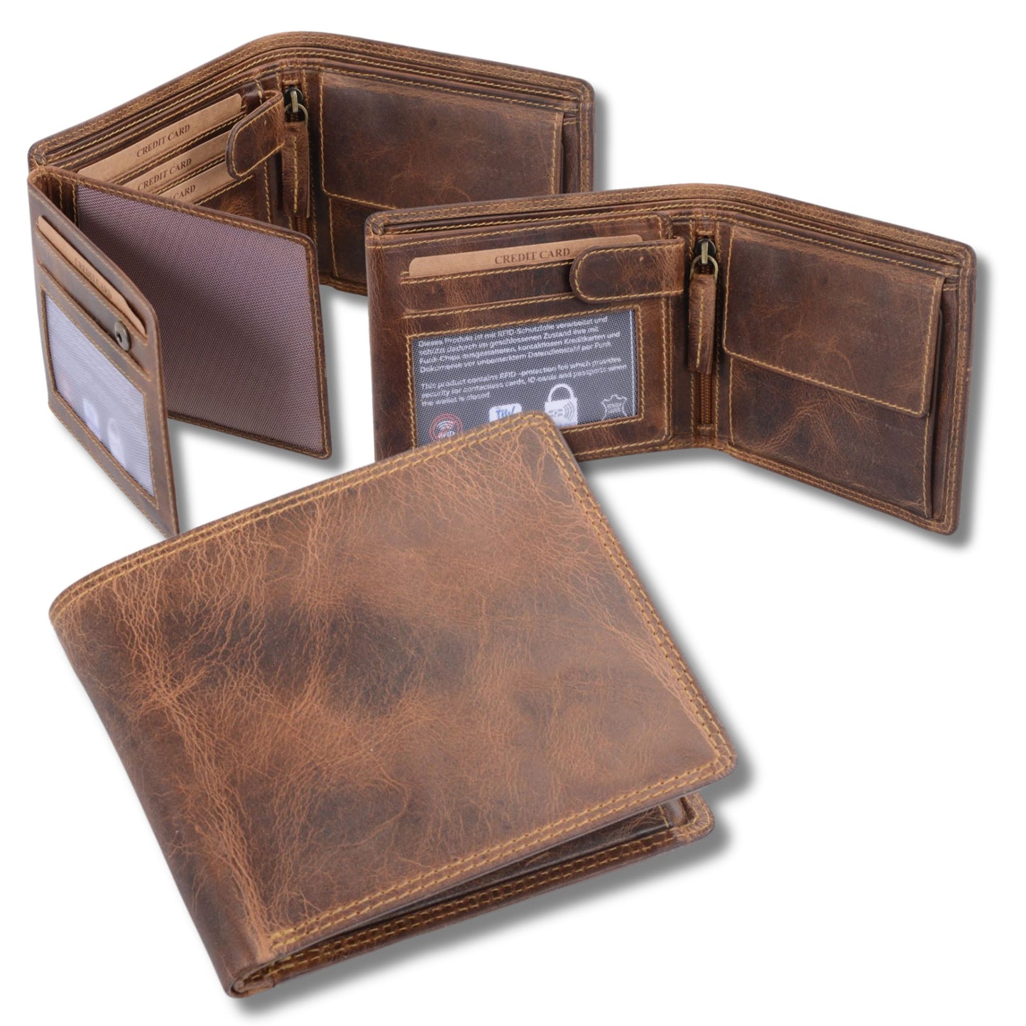 AVANCO Echtleder-Scheintasche braun mit Lasche – viele Fächer & Riegel