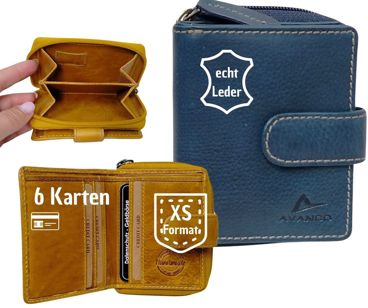 Damenbörse Echtleder blau klein – Leder Geldbörse mit Reißverschluss, Kartenfächer & Münzfach