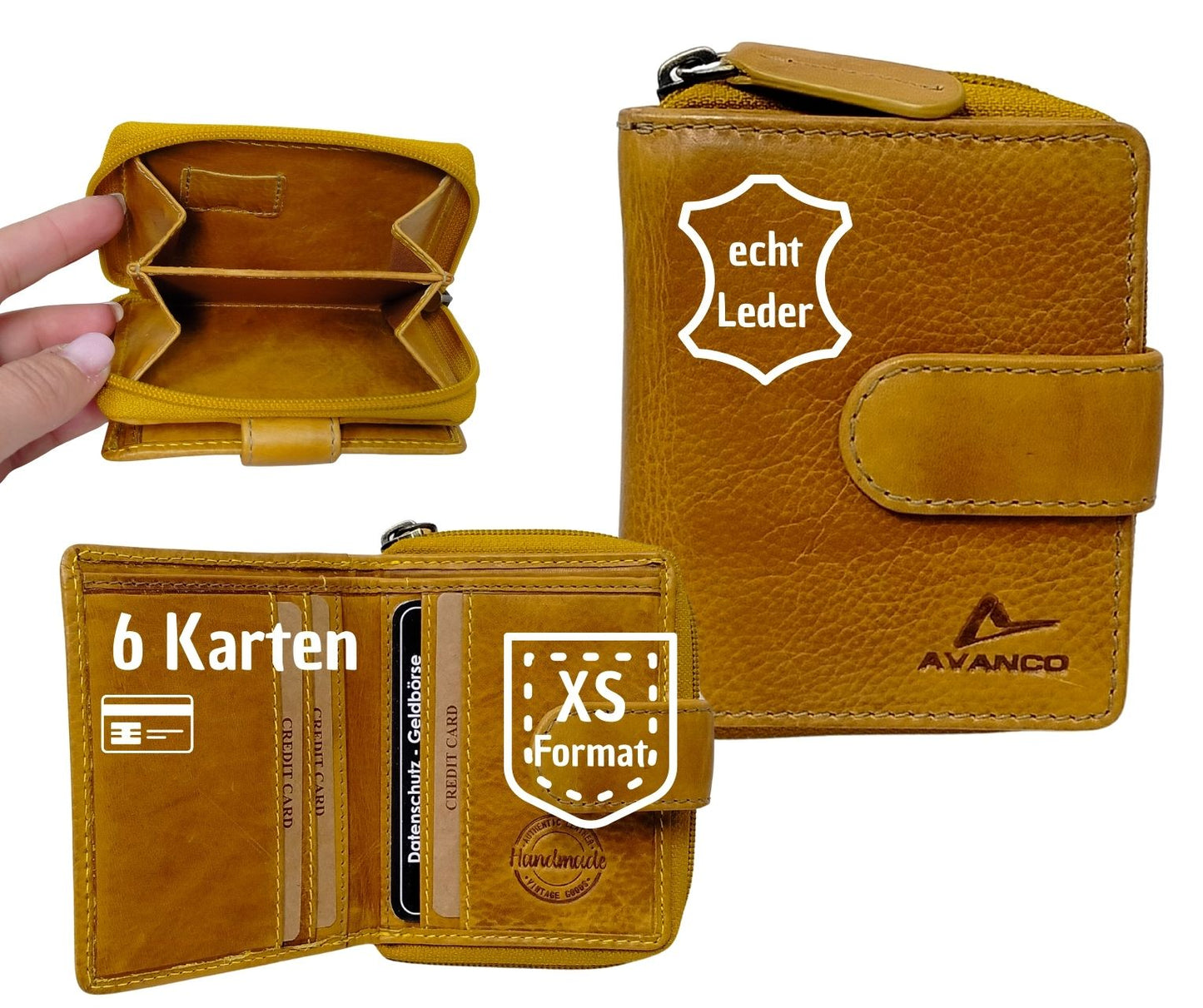 Damen Geldbörse Leder senfgelb – kleine Lederbörse mit Kartenfächern, Scheinfach & Reißverschluss-Münzfach