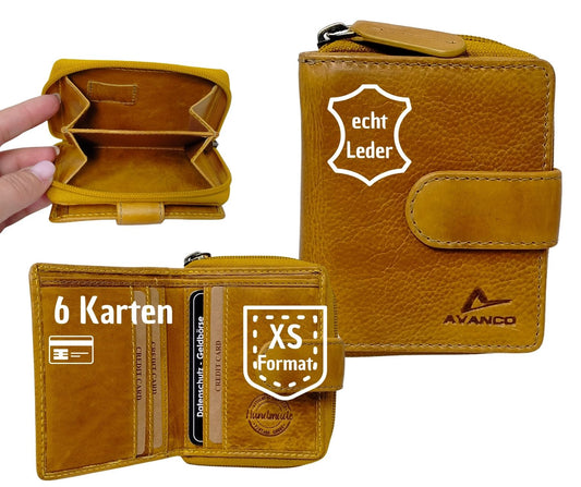 Damen Geldbörse Leder senfgelb – kleine Lederbörse mit Kartenfächern, Scheinfach & Reißverschluss-Münzfach