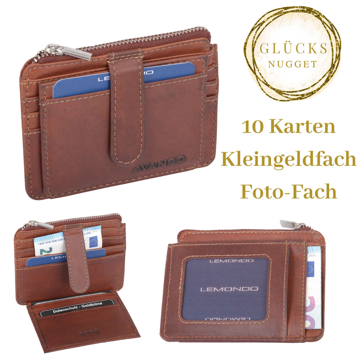 Elegante Kreditkartentasche aus braunem Leder mit Reißverschlussfach
