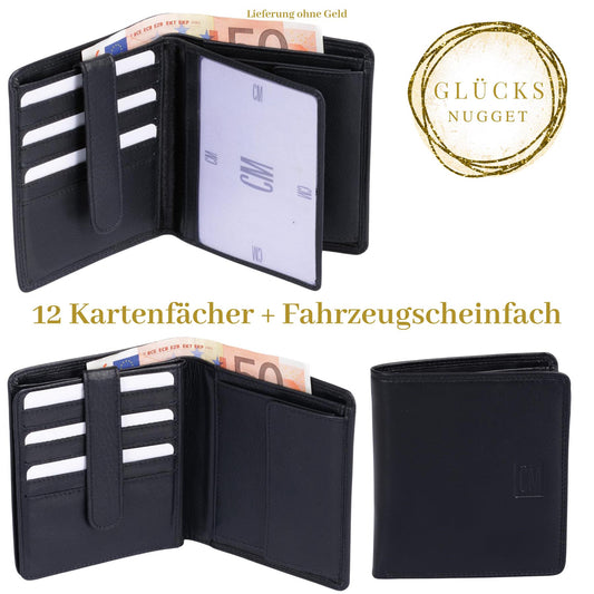 Herrenbörse aus Echtleder schwarz im Hochformat mit 12 Kartenfächern