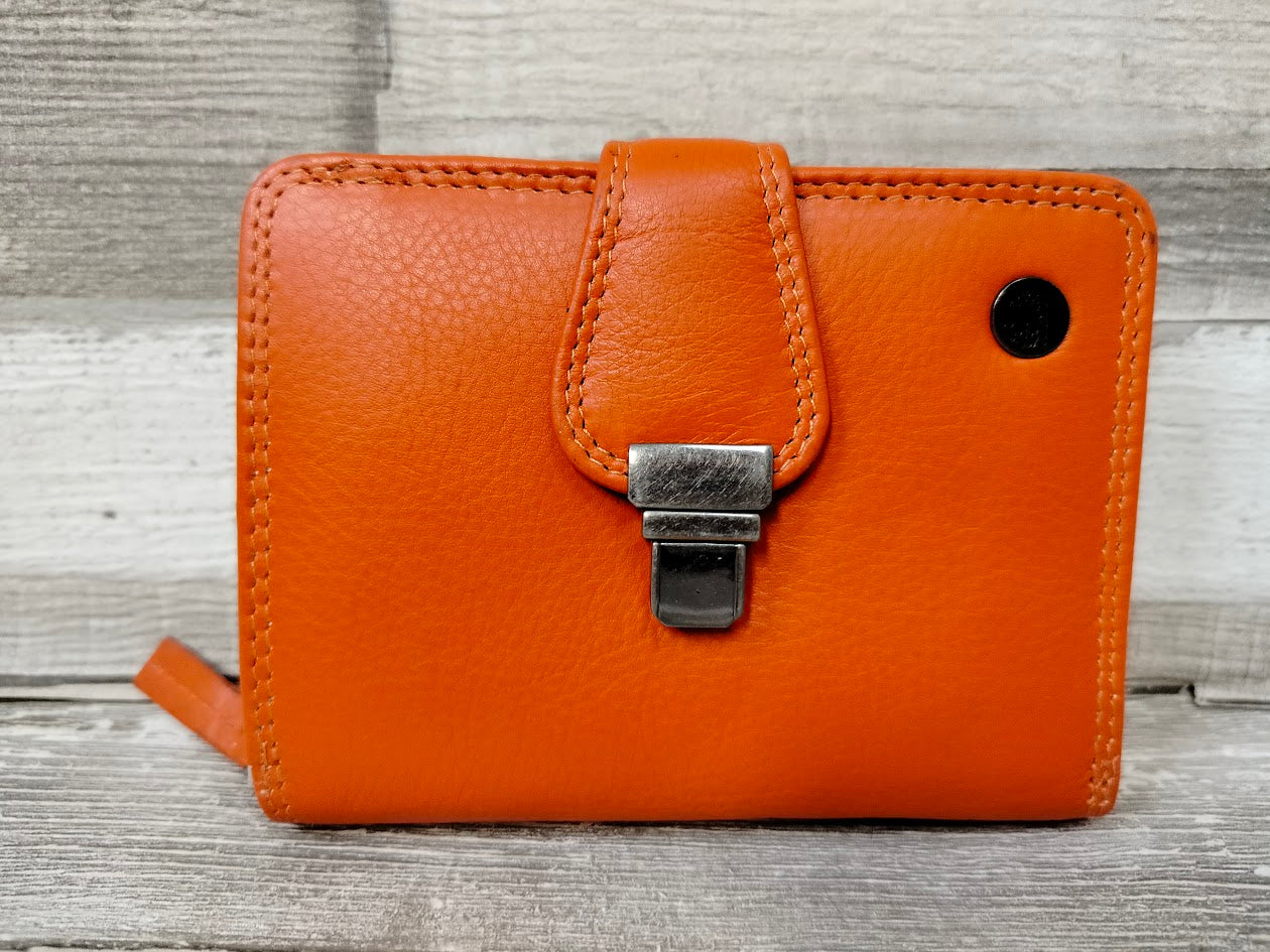 Leder Geldbörse Damen orange klein – Schlossbörse mit 9 Kartenfächern – kompakte Damenbörse aus Leder – Geschenk für sie