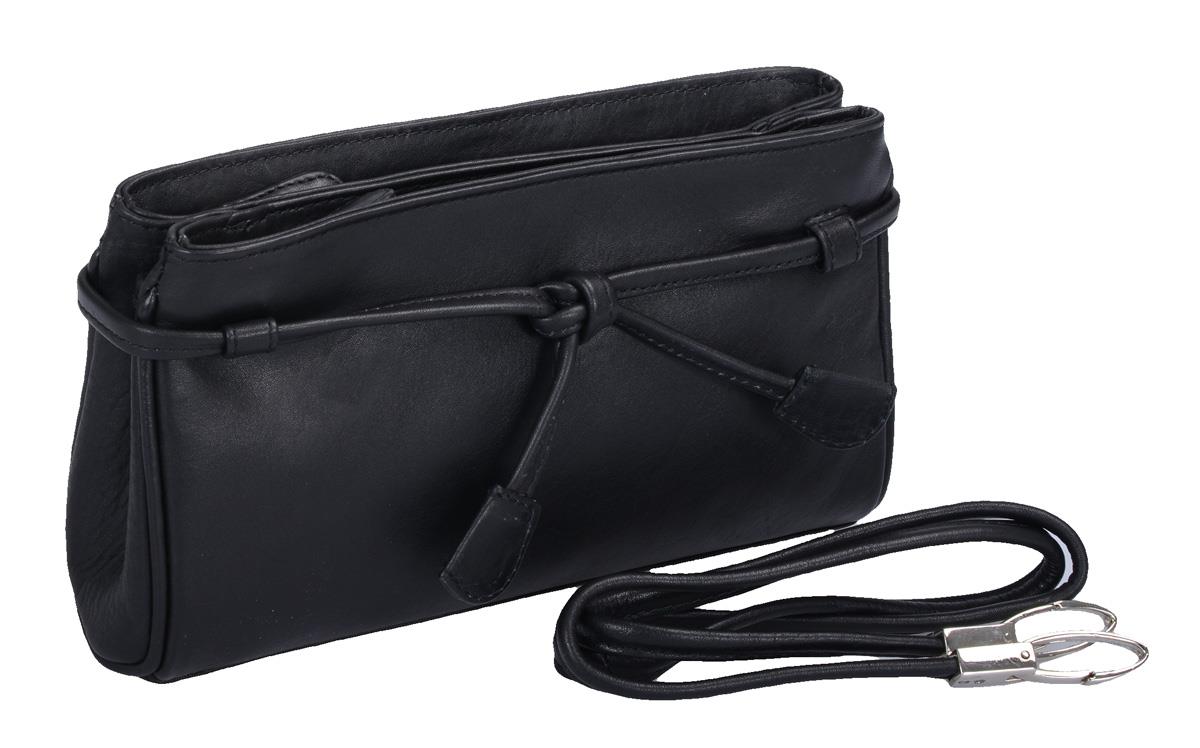 längliche schwarze Lederabendtasche, Clutch mit Zierknoten