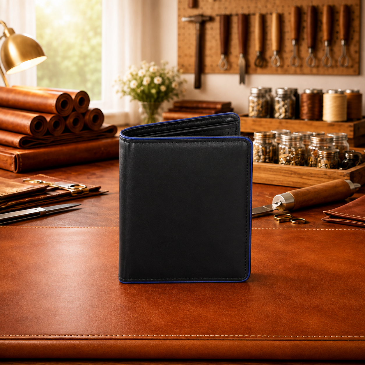 Herrenbörse Herren Geldbörse Leder Brieftasche Kombibörse , schwarz mit blauem Rand