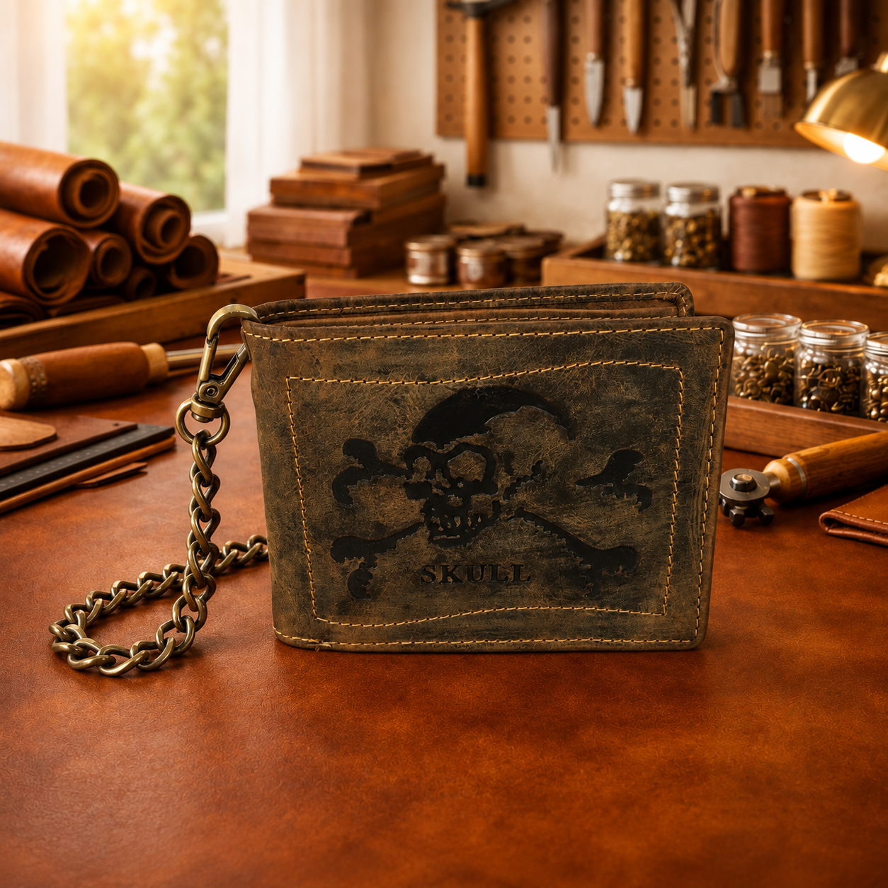 Vintage Totenkopf Geldbörse mit Kette aus Leder in Braun für Herren